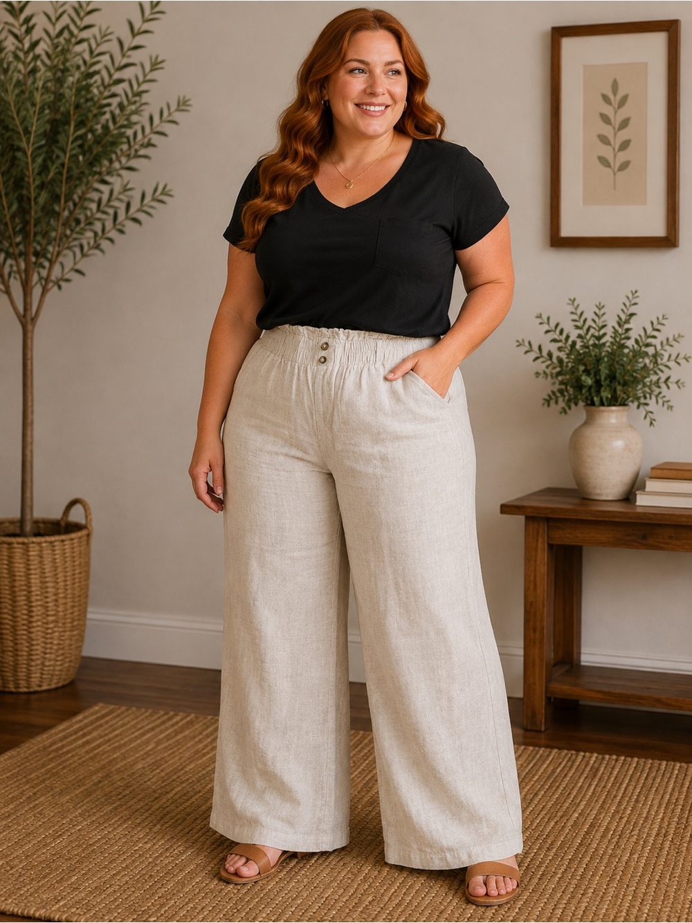 Briggs New York Natural High-Rise Wide Leg Linen-Blend Pants